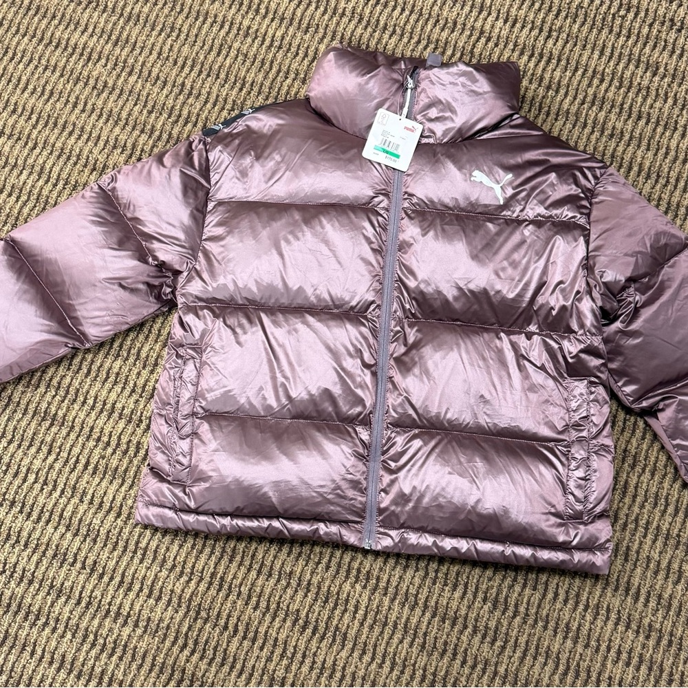 Puma Purple Puffer Jacket with High Collar and Quilted Design